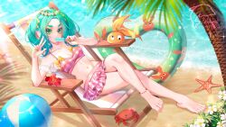 1girl aqua_hair artist_name ball barefoot beach beachball bikini breasts commentary commission crab crossed_legs day deck_chair dolphinjet feet flower flower_wreath food food_in_mouth googly_eyes green_eyes hat head_wreath highres holding holding_food holding_popsicle innertube looking_at_viewer medium_breasts monogatari_(series) navel ocean ononoki_yotsugi orange_hat outdoors palm_tree pink_bikini plaid_bikini plaid_clothes popsicle popsicle_in_mouth red_flower ruffle_bikini shore short_eyebrows sitting solo sparkle starfish swim_ring swimsuit thick_eyebrows toenails toes tree twintails w water white_flower