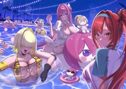 5girls :d absurdres bikini black_choker black_gloves blonde_hair breast_press breasts centi_(nikke) centi_(supreme_holiday)_(nikke) choker collarbone cup doro_(nikke) dorothy_(nikke) drinking_glass elegg_(boom_and_shock)_(nikke) elegg_(nikke) fang ghost gloves goddess_of_victory:_nikke grin hair_intakes hair_over_eyes highres holding holding_cup hologram inflatable_raft innertube large_breasts multiple_girls night night_sky official_alternate_costume open_mouth partially_submerged pink_hair pinne_(nikke) pool purple_eyes rapi_(nikke) rapi_(red_hood)_(nikke) rapi_(red_hood)_(red_flavor)_(nikke) red_eyes red_hair see-through_clothes see-through_shirt shirt short_hair shupita sky slingshot_swimsuit smile star_(sky) starry_sky stuffed_toy sunglasses swim_ring swimsuit tove_(nikke) tove_(sunblaze)_(nikke) tree upper_body v wading water wet wet_clothes wet_shirt white_bikini yellow_slingshot_swimsuit