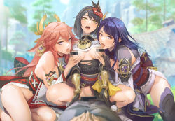 1boy 3girls bare_shoulders bisexual_female black_hair breasts breasts_out censored cowgirl_position genshin_impact girl_on_top grabbing_another&#039;s_breast groping group_sex hair_ornament highres kujou_sara licking licking_breast looking_at_viewer mosaic_censoring multiple_girls no_panties open_mouth orgy pink_hair pubic_hair purple_hair purple_thighhighs pussy raiden_shogun riding sex side_slit spread_legs spykeee straddling thick_thighs thighhighs thighs tongue tongue_out torn_clothes yae_miko yellow_eyes