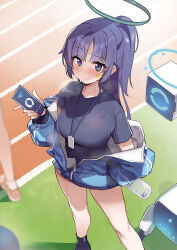 1girl black_boots black_shirt blue_archive blue_jacket blush boots bottle breasts closed_mouth commentary_request ddolggol drone facial_mark halo hashtag-only_commentary highres holding holding_bottle jacket long_hair looking_at_viewer mechanical_halo medium_breasts official_alternate_costume official_alternate_hairstyle parted_bangs partially_unzipped ponytail purple_eyes purple_hair shirt short_sleeves sidelocks solo star_(symbol) track_jacket water_bottle yuuka_(blue_archive) yuuka_(track)_(blue_archive)
