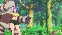&gt;_&lt; 1girl @_@ animal_ear_fluff animal_ears animated animated_gif anime_screenshot bike_shorts black_hairband blue_eyes blush blush_stickers bra breasts curvy dog_ears dog_girl dog_tail falling fang fingerless_gloves futoku_no_guild gloves hairband hitamu_kyan large_breasts medium_hair monster navel purple_hair red_gloves restrained short_shorts shorts skin_fang sports_bra tail thick_thighs thighs throwing throwing_person underwear yellow_bra