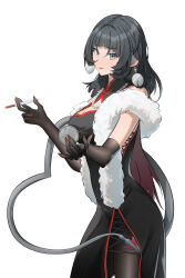 1girl absurdres animal_ears black_dress black_gloves black_hair black_pantyhose china_dress chinese_clothes cleavage_cutout clothing_cutout compact_(cosmetics) cosmetics dress earrings elbow_gloves gloves green_eyes highres holding holding_lipstick_tube jane_doe_(zenless_zone_zero) jewelry lipstick_tube long_hair looking_at_viewer mouse_ears mouse_girl mouse_tail necklace pantyhose pearl_necklace smile solo tail white_background yuji_chu_kai zenless_zone_zero