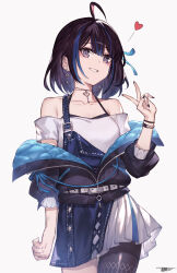1girl ahoge bare_shoulders belt black_hair black_jacket black_nails black_pantyhose blue_hair blue_jacket blue_overalls blue_ribbon bracelet breasts commentary_request cowboy_shot earrings grey_eyes grin hair_ribbon heart highres indie_virtual_youtuber jacket jewelry jun_wei looking_at_viewer medium_breasts mole mole_under_eye multicolored_hair multicolored_jacket nail_polish necklace off-shoulder_shirt off_shoulder overalls pantyhose pleated_skirt quilted_jacket ribbon shirt short_hair signature simple_background single_leg_pantyhose skirt smile solo standing streaked_hair suspenders two-sided_fabric two-sided_jacket two-tone_hair two-tone_jacket v very_long_fingernails virtual_youtuber white_background white_belt white_shirt white_skirt yubari_rei