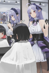 2girls absurdres black_hair colored_inner_hair dolri ellen_joe ellen_joe_(on_campus) highres long_hair looking_at_another looking_at_mirror mirror mole mole_under_eye multicolored_hair multiple_girls official_alternate_costume pointy_ears purple_hair red_eyes red_hair reflection shirt sitting sleeveless sleeveless_shirt solo standing streaked_hair two-tone_hair vivian_banshee zenless_zone_zero