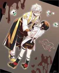 Rule 34 | 2boys, apron, arch bishop (ragnarok online), black-framed eyewear, black choker, black coat, black shoes, black shorts, black socks, brown background, brown hair, chocolate syrup, choker, coat, commentary request, cross, cross necklace, datenshi no fu, despair god morroc, dutch angle, floating skull, full body, glasses, grey eyes, grey hair, hair ornament, highres, holding, holding another&#039;s wrist, holding spatula, jacket, jewelry, long sleeves, looking at another, male focus, multiple boys, necklace, open mouth, pants, pointy ears, ragnarok masters, ragnarok online, shirt, shoes, short hair, shorts, simple background, smile, socks, spatula, valentine, white apron, white jacket, white pants, white shirt, x hair ornament, yaoi