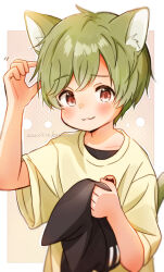 1boy :3 absurdres animal_ear_fluff animal_ears arm_up artist_name black_hat black_shirt blush border cat_boy cat_ears cat_tail closed_mouth dated dot_nose far_tarooo green_hair hair_between_eyes hat highres holding holding_unworn_clothes holding_unworn_hat male_focus original parted_bangs red_eyes shirt short_sleeves smile solo t-shirt tail unworn_hat unworn_headwear upper_body white_border white_shirt wide_sleeves