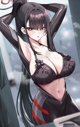 1girl black_bodysuit black_bra black_hair blue_archive bodysuit bra breasts bright_pupils halo highres huge_breasts long_hair multicolored_halo navel o-los official_alternate_costume open_mouth red_eyes rio_(blue_archive) rio_(bodysuit)_(blue_archive) two-tone_halo underwear very_long_hair white_pupils