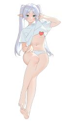 Rule 34 | 1girl, bare legs, barefoot, breasts, censored, censored nipples, clothes lift, elf, feet, frieren, green eyes, heart, heart censor, highres, legs, lifting own clothes, long hair, navel, no bra, panties, pointy ears, serpent (pepepp39), shirt, shirt lift, simple background, small breasts, soles, solo, sousou no frieren, stomach, toes, twintails, underwear, white background, white hair, white panties, white shirt