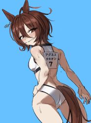 1girl agnes_tachyon_(umamusume) ahoge animal_ears ass bare_arms bare_legs bare_shoulders blue_background breasts brown_eyes brown_hair commentary earrings eyes_visible_through_hair from_behind hand_on_own_hip highres horse_ears horse_girl jewelry light_blush looking_at_viewer looking_back medium_breasts name_tag parted_lips short_hair simple_background single_earring smile solo sweat umamusume xcider