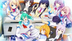 6+girls :d :o ahoge arms_up black_hair blonde_hair blue_eyes blush bow bowl bowtie closed_eyes collared_shirt crossed_arms emblem food game_cg green_eyes harvest_overray indoors jacket koganei_rio kyougetsu_mochiko long_sleeves looking_at_viewer loreley_(harvest_overray) mermaid mikami_lilia mimasaka_ruri mini_person minigirl monster_girl multiple_girls open_clothes open_jacket open_mouth ouno_sumi package parted_bangs parted_lips pink_hair plaid_clothes plaid_skirt pudding purple_eyes red_bow red_bowtie red_eyes school_uniform shirt skirt smile snack table tamaki_yuuka underbust white_shirt yatsurugi_komachi