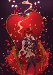 1boy absurdres black_gloves boots chair crown flower gloves hair_between_eyes highres jacket long_sleeves looking_at_viewer male_focus mini_crown nana_tetra petals red_hair riddle_rosehearts rose rose_petals short_hair simple_background sitting solo thigh_boots thighhighs twisted_wonderland
