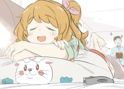 1boy 1girl :d aikatsu! aikatsu!_(series) barefoot blue_shirt blush bow brown_hair closed_eyes couch crossed_arms dot_nose dress_shirt father_and_daughter green_shirt hair_bow highres holding indoors legs_up long_sleeves lying medium_hair on_couch on_stomach one_side_up open_mouth orange_hair ozora_akari ozora_manabu pink_bow raised_eyebrows relaxing saitou_atsushi_(kamatamanankotu) shirt short_hair short_sleeves smile solo_focus sparkle teeth upper_teeth_only