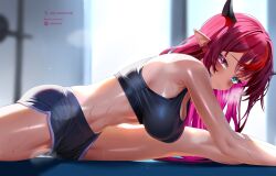 1girl aqua_eyes bare_shoulders black_horns black_shorts black_sports_bra blurry blurry_background blush breasts closed_mouth commentary english_commentary gym heavy_breathing heterochromia hololive hololive_english horns irys_(hololive) large_breasts long_hair looking_at_viewer multicolored_hair navel oioi_ainomo patreon_logo patreon_username pink_eyes pink_hair pointy_ears red_hair red_horns shorts solo sports_bra stomach streaked_hair stretching sweat thighs toned toned_female twitter_username two-tone_hair virtual_youtuber