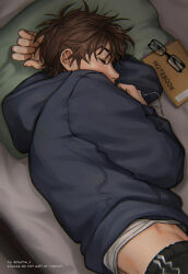 1boy ace_of_diamond brown_eyes brown_hair closed_eyes from_side glasses hood male_focus nose nume_x pants sawamura_eijun shirt short_hair sleeping solo upper_body white_shirt