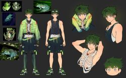 1boy absurdres armpits arms_behind_head belt black_shirt black_shorts chain chain_necklace reference_sheet chibi cross cross_earrings dots earrings frog frown goggles green_belt green_hair green_jacket grey_eyes head_on_hand heart heart_necklace highres jacket jewelry leggings looking_at_viewer looking_to_the_side mikkoukun necklace original pectorals photo-referenced photo_(medium) poses shirt shoes shorts sleeveless sleeveless_shirt smile sneakers solo sparkle standing toned toned_male translucent vest white_shirt