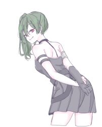 1girl absurdres bare_shoulders black_dress black_gloves breasts closed_mouth cropped_legs dress elbow_gloves gloves green_hair hair_between_eyes highres leaning_forward looking_at_viewer looking_back pleated_dress red_eyes seila_rei side_ponytail simple_background small_breasts smile solo sousou_no_frieren ubel_(sousou_no_frieren) white_background
