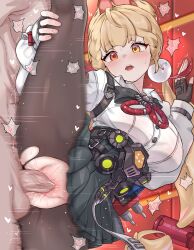 1boy 1girl :o absurdres alice_thymefield animal_ears black_skirt blonde_hair blush breasts commentary_request daram_(shappydude) fingerless_gloves gloves hand_on_own_leg hetero heterochromia highres indoors korean_commentary large_breasts large_variant_set long_hair orange_eyes pantyhose penis pleated_skirt red_eyes sex shirt skirt sphere_hair_ornament split standing standing_on_one_leg standing_sex standing_split sweat torn_clothes torn_pantyhose uncensored vaginal variant_set white_shirt zenless_zone_zero