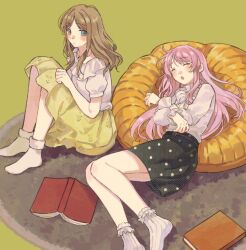 2girls artist_request bang_dream! bang_dream!_it&#039;s_mygo!!!!! black_skirt chihaya_anon closed_eyes commission fang long_hair long_sleeves multiple_girls nagasaki_soyo no_shoes open_mouth pillow polka_dot polka_dot_skirt second-party_source shirt sidelocks sitting skin_fang skirt sleeping socks white_shirt white_socks yellow_skirt