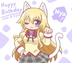 Rule 34 | 1girl, :3, ;3, animal ears, bad id, bad twitter id, bell, black skirt, blonde hair, blue eyes, blush, bow, cat ears, cat girl, cat tail, cosplay, dated, hand on own hip, happy birthday, jingle bell, juliet sleeves, long hair, long sleeves, looking at viewer, mahou shoujo madoka magica, mitakihara school uniform, neck bell, one eye closed, original, paw pose, plaid clothes, plaid skirt, pleated skirt, puffy sleeves, reverse (bluefencer), school uniform, skirt, solo, tail, white background