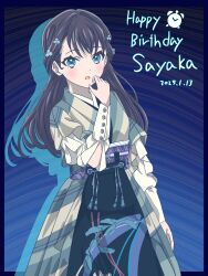 Rule 34 | 1girl, :d, blue background, blue eyes, blue hair, blush, character logo, character name, commentary request, dated, diagonal-striped kimono, elbow cutout, green kimono, hair intakes, hand up, happy birthday, highres, japanese clothes, kimono, link! like! love live!, long hair, long sleeves, looking at viewer, love live!, mole, mole on neck, murano sayaka, myrain56991013, official alternate costume, official alternate hairstyle, open mouth, simple background, smile, solo, take it over (love live!), virtual youtuber