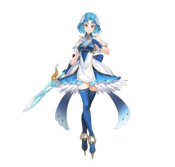 1girl absurdres armor blue_boots blue_dress blue_eyes blue_gloves blue_hair boots breastplate breasts circlet commentary_request detached_sleeves dress fingerless_gloves fire_emblem fire_emblem:_the_binding_blade fire_emblem_heroes full_body gloves gold_trim hand_up head_wings highres holding holding_sword holding_weapon ice_skates kakage layered_dress looking_at_viewer medium_breasts nintendo official_alternate_costume official_art parted_bangs second-party_source short_hair simple_background skates smile solo standing sword thea_(fire_emblem) thea_(ice_tribe)_(fire_emblem) thigh_boots weapon white_background white_wings wings
