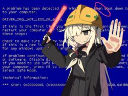 1girl black_coat black_eyes black_sailor_collar black_serafuku blue_archive blue_background blue_screen_of_death braid closed_mouth coat halo hands_up hard_hat hat helmet highres kiroshi long_hair neckerchief pink_halo plana_(blue_archive) sailor_collar school_uniform serafuku side_braid simple_background solo sweat very_long_hair white_hair white_neckerchief yellow_hat