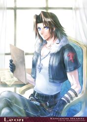 1boy belt black_belt black_gloves black_jacket black_pants blue_eyes brown_hair clipboard closed_mouth commentary_request cowboy_shot cross cross_necklace final_fantasy final_fantasy_viii gloves highres holding holding_clipboard indoors jacket jewelry kingdom_hearts long_hair looking_at_viewer male_focus necklace open_clothes open_jacket pants parted_bangs scar scar_on_face scar_on_nose shijou_satori shirt sitting smile solo squall_leonhart table v-neck white_shirt window