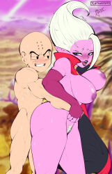 1boy 1girl ass bald bald_male black_eyes blush breasts doggystyle dr._arinsu dragon_ball happy kuririn large_breasts muscular muscular_male nipples pubic_hair purple_eyes sex sex_from_behind smile sweat theal3x10 thick_thighs thighs white_hair