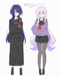 2girls acheron_(honkai:_star_rail) ahoge black_skirt black_swan_(honkai:_star_rail) commentary_request expressionless highres honkai:_star_rail honkai_(series) long_hair long_skirt looking_at_viewer messy miniskirt multicolored_eyes multiple_girls pantyhose pink_hair pleated_skirt purple_eyes purple_hair purple_sweater sailor_collar sailor_shirt school_uniform shirt skirt smile str_kope sweater white_background