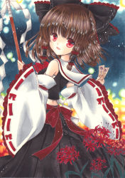 Rule 34 | 1girl, alternate color, asa1014, bad id, bad pixiv id, bare shoulders, bow, brown hair, detached sleeves, female focus, flower, gohei, hair bow, hair tubes, hakurei reimu, haraegushi, looking back, oonusa, red eyes, red flower, sash, solo, spider lily, touhou