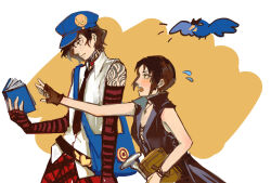 bare_shoulders bird blue_bird blue_hat book cosplay costume_switch devil_may_cry_(series) devil_may_cry_5 flustered hat highres marie_(persona_4) marie_(persona_4)_(cosplay) persona persona_4 persona_4_the_golden reading sleeveless sweatdrop v_(devil_may_cry) v_(devil_may_cry)_(cosplay) z-w-errr