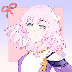 Rule 34 | 1girl, aurora (zhiqingmeng97253), blue border, blue eyes, border, breasts, chinese commentary, coat, commentary request, cyrene (honkai: star rail), dress, hair ornament, highres, honkai: star rail, honkai (series), jewelry, medium hair, necklace, pink background, pink hair, purple coat, small breasts, smile, solo, upper body, white dress
