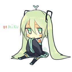 1girl bad_id bad_tumblr_id black_boots black_skirt black_sleeves boots chibi commentary detached_sleeves english_commentary green_eyes green_hair hair_between_eyes hatsune_miku long_hair lulu-999 simple_background sitting skirt sleeves_past_fingers sleeves_past_wrists solo twintails very_long_hair vocaloid white_background