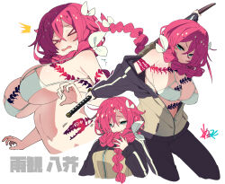 Rule 34 | &gt; &lt;, 1girl, ^^^, armpit crease, bikini, bikini top only, black pants, blush, bow, braid, breasts, bright pupils, character name, commentary request, crossed bangs, front braid, full-body tattoo, green eyes, hair between eyes, hair bow, highres, jacket, kamigakari (trpg), kometsubu, large breasts, multiple views, navel, off shoulder, original, pants, partially unzipped, pink hair, signature, single braid, small sweatdrop, swimsuit, tattoo, white background, white bikini, white bow, white pupils