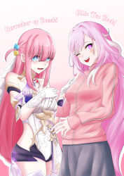 1girl 2girls ;o absurdres bare_shoulders black_shorts black_skirt blue_eyes bocchi_the_rock! breasts color_connection commentary corset cosplay costume_switch cube_hair_ornament deknook diamond-shaped_pupils diamond_(shape) elysia_(herrscher_of_human:_ego)_(honkai_impact) elysia_(honkai_impact) elysia_(honkai_impact)_(cosplay) english_text gotoh_hitori gotoh_hitori_(cosplay) gradient_background hair_color_connection hair_ornament highres honkai_(series) honkai_impact_3rd jacket large_breasts long_hair micro_shorts multiple_girls one_eye_closed pink_hair pink_jacket purple_eyes shorts side_ahoge skirt symbol-shaped_pupils thighs triquetra very_long_hair white_corset