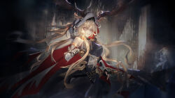1girl animal_ears antlers antlers_through_headwear antlers_through_hood arknights black_dress black_gloves blonde_hair breasts candlestand cape deer_antlers deer_ears deer_girl dress ears_through_headwear fingerless_gloves fuyoo gloves hair_between_eyes highres holding hood hood_up hooded_cape horns large_breasts long_hair looking_at_viewer orange_eyes pale_skin solo viviana_(arknights) white_cape white_hood wide_shot