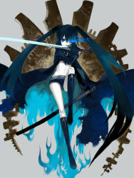 Rule 34 | 10s, 1girl, bad id, bad pixiv id, black rock shooter, black rock shooter (character), black theme, blue eyes, coat, female focus, fire, gloves, green hair, hatsune miku, highres, jimu kaji, kajimiya (kaji), kneehighs, midriff, navel, rock, scar, sheath, shooter, shorts, socks, solo, sword, trench coat, twintails, vocaloid, weapon