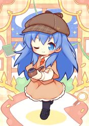 1girl ;) absurdres aikei_ake black_pantyhose black_shoes blue_eyes blue_hair blue_sky brown_hat brown_jacket brown_skirt chibi closed_mouth collared_shirt commission deerstalker full_body full_moon hat highres holding holding_smoking_pipe jacket layered_sleeves loafers long_hair long_sleeves magnifying_glass moon necktie night night_sky one_eye_closed original pantyhose puffy_long_sleeves puffy_sleeves red_necktie second-party_source shirt shoes short_over_long_sleeves short_sleeves skeb_commission skirt sky smile smoking_pipe solo very_long_hair walking white_shirt window