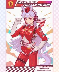 Rule 34 | 1girl, absurdres, animal ears, april jubilees, backpack, bag, belt, blunt bangs, blush, bodysuit, bow, breasts, car, ear bow, ear covers, ear ribbon, ferrari, formula one, formula racer, gloves, gold ship (umamusume), grey hair, hat, headphones, highres, horse ears, horse girl, horse tail, long hair, long sleeves, looking at viewer, marlboro, medium breasts, motor vehicle, open mouth, purple eyes, race vehicle, racecar, racing suit, real life, red bodysuit, shell (company), smile, solo, spoiler (automobile), tail, teeth, thigh strap, umamusume, white gloves