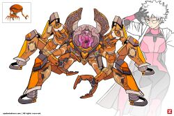 Rule 34 | 1girl, absurdres, apoloniodraws, arm up, ben 10, ben 10: alien force, black eyes, brainstorm (ben 10), breasts, claw (weapon), glasses, highres, horseshoe, mecha, mecha pilot suit, mechanical legs, omnitrix, one eye closed, open hatch, pilot, robot, scientist, short hair, weapon, white hair