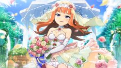 1girl blue_eyes blurry bouquet cowboy_shot day depth_of_field dress falling_petals flipped_hair flower game_cg gazebo gloves happy_tears highres higurashi_no_naku_koro_ni higurashi_no_naku_koro_ni_mei holding holding_bouquet houtani_nao lens_flare long_hair looking_at_viewer non-web_source official_alternate_costume official_art orange_hair outdoors petals pink_flower pink_petals pink_rose red_flower red_rose rose solo sparkle standing strapless strapless_dress tears tree veil wedding wedding_dress white_dress white_flower white_gloves white_rose yellow_petals