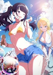 2girls ;d absurdres ahoge bikini bikini_under_shorts blue_overalls blue_sky blush breasts car cleavage cloud cutoffs denim denim_shorts hachimiya_meguru highres holding holding_hose hose idolmaster idolmaster_shiny_colors kazano_hiori large_breasts looking_at_another motor_vehicle multiple_girls navel one_eye_closed open_mouth orange_bikini outdoors overalls short_shorts shorts sky small_breasts smile soap_bubbles stomach sunlight swimsuit td_(tandeom97) twintails white_bikini