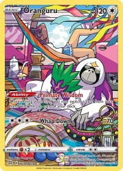 1girl ape artist_name berry_(pokemon) black-framed_eyewear black_hat blue_shorts blue_sky breasts card_(medium) character_name closed_eyes closed_mouth cloud company_name copyright_name copyright_notice creatures_(company) cup dark-skinned_female dark_skin day denim english_text flower game_freak gen_7_pokemon hammock hat holding kettle komayama_akira lantern liechi_berry lying medium_hair motor_vehicle mug nintendo official_art oran_berry oranguru pillow pink-tinted_eyewear pokemon pokemon_(creature) pokemon_card pokemon_sm pokemon_tcg purple_hair shirt shorts sina_(pokemon) sky sleeveless sleeveless_shirt smile sunglasses table tablecloth third-party_source tinted_eyewear trading_card white_shirt
