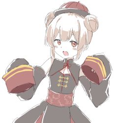 Rule 34 | 1girl, bare shoulders, blush, brown hair, chinese clothes, double bun, fang, hair bun, hat, highres, jiangshi costume, looking at viewer, natori sana, natori sana (jiangshi), open mouth, qingdai guanmao, red eyes, sana channel, sanz zzz, simple background, sleeves past fingers, sleeves past wrists, solo, virtual youtuber, white background