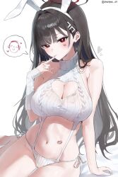 Rule 34 | 1girl, barefoot, black hair, blue archive, breasts, cleavage cutout, clothing cutout, eungae 09, feet, halo, hashtag-only commentary, highres, large breasts, lipstick mark, lipstick mark on face, lipstick mark on stomach, long hair, looking at viewer, navel, panties, red eyes, rio (blue archive), simple background, sitting, solo, spoken character, stomach, sweater, turtleneck, turtleneck sweater, twitter username, underwear, very long hair, virgin destroyer sweater, wariza, white background, white panties, white sweater