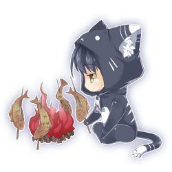 1boy animal_costume animal_ears black_hair campfire cat_boy cat_ears cat_tail chibi eiyuu_densetsu falcom fish full_body hood joshua_bright male_focus saru sitting solo sora_no_kiseki tail white_background yellow_eyes