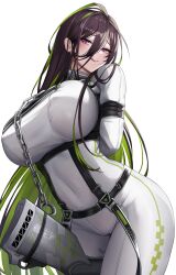 1girl absurdres arms_behind_back between_thighs black_hair bodysuit bound bound_arms breasts chain contrapposto covered_navel cowboy_shot cuffs goddess_of_victory:_nikke green_hair guilty_(nikke) gun hair_behind_ear highres huge_breasts kurone_rinka long_hair looking_at_viewer multicolored_hair parted_lips purple_eyes restrained shackles shotgun skin_tight solo straitjacket tongue tongue_out two-tone_hair very_long_hair weapon white_background white_bodysuit