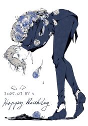 Rule 34 | 1boy, bent over, black pants, black shirt, black shoes, blue eyes, blue flower, bouquet, dated, earrings, english text, floral print, flower, full body, happy birthday, highres, holding, holding behind back, holding bouquet, jewelry, kanae (nijisanji), kzm 0o0, light smile, limited palette, loafers, long sleeves, looking at viewer, male focus, medium hair, necklace, nijisanji, pants, ponytail, print shirt, rose print, shirt, shoes, short ponytail, simple background, solo, standing, virtual youtuber, white background