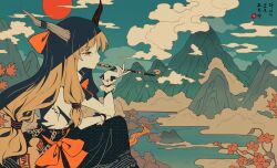 1girl bow chain cloud cloudy_sky gourd highres holding holding_smoking_pipe horn_bow horn_ornament horns ibuki_suika long_hair mountain oni rhea_(156latte) sky smoking_pipe solo sun touhou