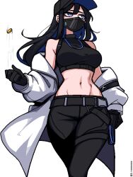 1girl bare_shoulders belt_buckle black_hair black_pants black_shirt blue_archive blue_eyes blue_hair breasts buckle coat coin colored_inner_hair crop_top groin hair_between_eyes jacket jaggy_lines ji_heeeeeee long_hair looking_to_the_side mask medium_breasts mouth_mask multicolored_hair navel open_clothes open_jacket pants saori_(blue_archive) shirt sleeveless sleeveless_turtleneck solo turtleneck turtleneck_shirt very_long_hair white_coat white_jacket